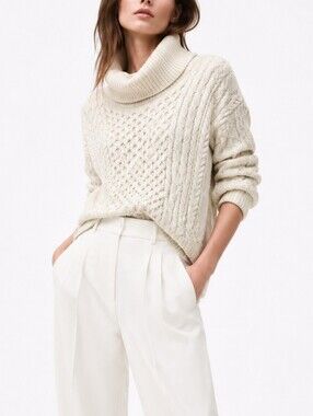 AMERICAN EAGLE Cream Cable-Knit Cowl Neck Sweater.